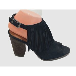 LUCKY BRAND Black Suede Open Toe High Heel Shoe Sandal Fringe Liennah Size 7.5